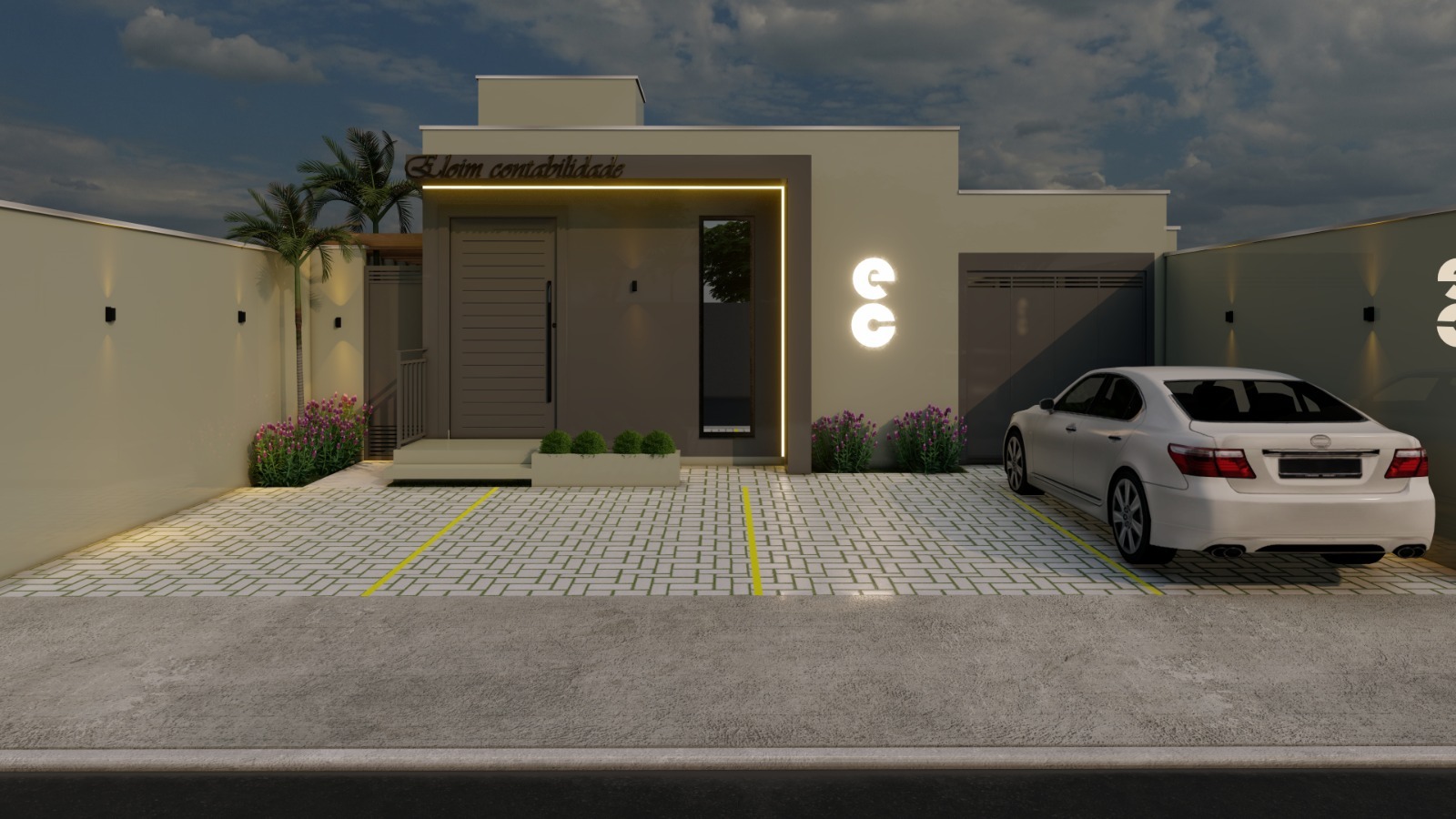 Fachada do edifício da Eloim Contabilidade iluminada ao entardecer, com estacionamento em frente